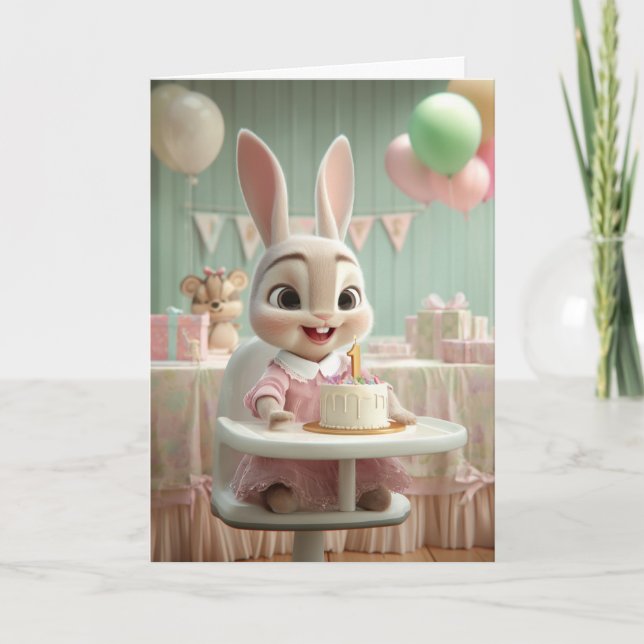 Cute Bunny Girl's First Birthday Smash Cake Karte (Vorderseite)