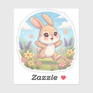 Cute Bunny Hopping in a Flower Field Aufkleber