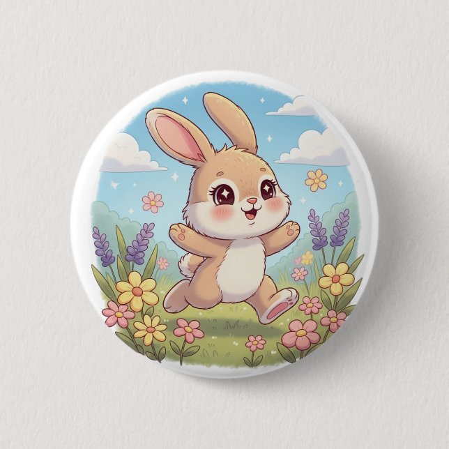 Cute Bunny Hopping in a Flower Field Button (Vorderseite)