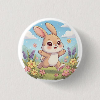 Cute Bunny Hopping in a Flower Field Button