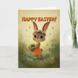 Cute Bunny in Orange Dress with Easter Basket Karte