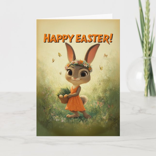 Cute Bunny in Orange Dress with Easter Basket Karte (Vorderseite)