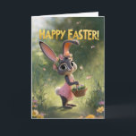 Cute Bunny in Pink Dress With Easter Basket Karte<br><div class="desc">This sweet Easter card features an adorable baby bunny in a pink lace dress, wearing a floral crown and carrying a basket of colorful eggs. Set along a glowing garden path with fluttering butterflies and soft spring flowers, the artwork blends whimsical charm with a polished finish. Perfect for kids, families,...</div>
