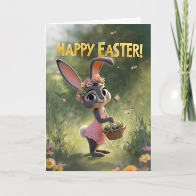 Cute Bunny in Pink Dress With Easter Basket Karte (Vorderseite)