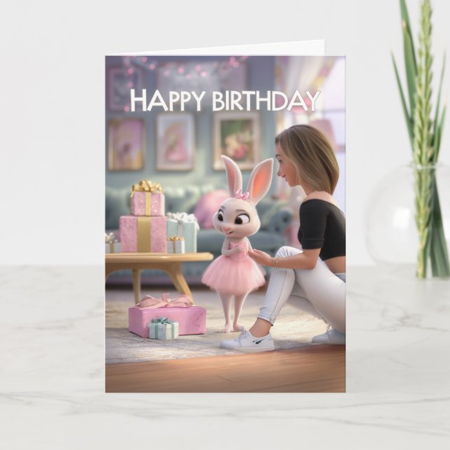 Cute Bunny in Pink Dress with Gifts Happy Birthday Karte (Vorderseite)