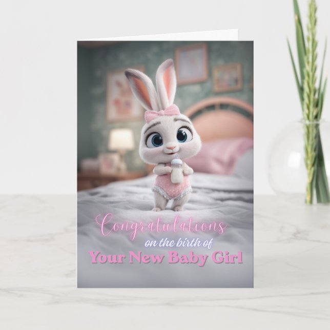 Cute Bunny in Pink New Baby Girl Congratulations Karte (Vorderseite)