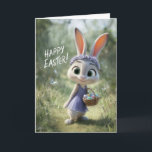 Cute Bunny in Purple Flower Crown & Easter Basket Karte<br><div class="desc">This charming Easter greeting card features an adorable bunny wearing a delicate flower crown and a soft purple dress while carrying a basket of colorful Easter eggs. Set in a peaceful spring meadow with fluttering butterflies and gentle sunlight, the design captures the warmth and joy of the Easter season. A...</div>