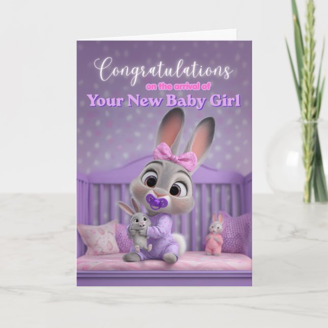 Cute Bunny in Purple New Baby Girl Congratulations Karte (Vorderseite)