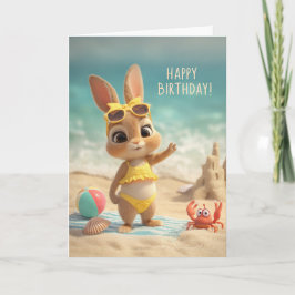 Cute Bunny in Yellow Swimsuit Beach Birthday Karte