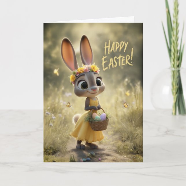 Cute Bunny in Yellow w/ Happy Easter Basket Karte (Vorderseite)