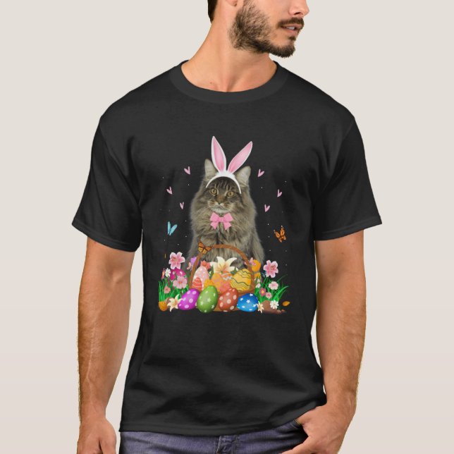 Cute Bunny Maine Coon Cat With Easter Egg Basket E T-Shirt (Vorderseite)