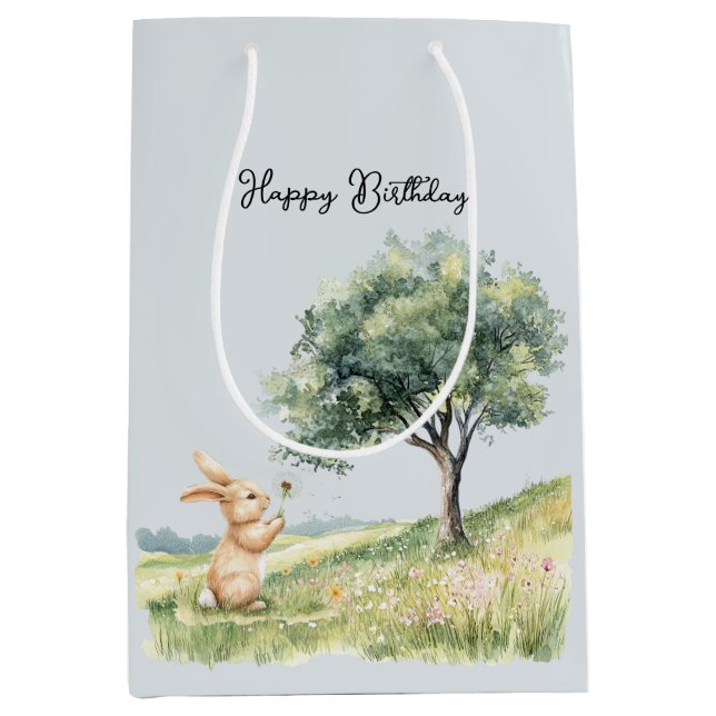 Cute Bunny Meadow with Tree Birthday Mittlere Geschenktüte (Vorderseite)