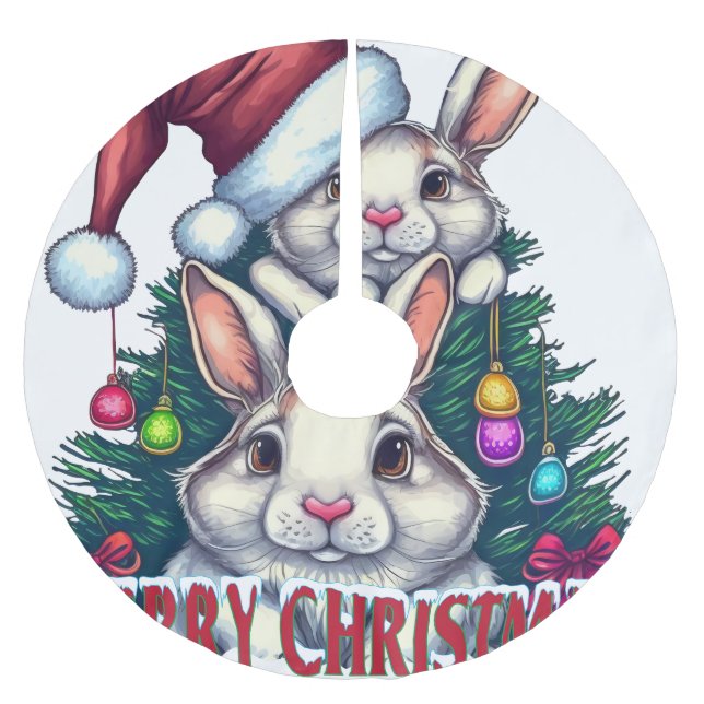 Cute Bunny Merry Christmas – Holiday Rabbit Polyester Weihnachtsbaumdecke (Vorderseite)