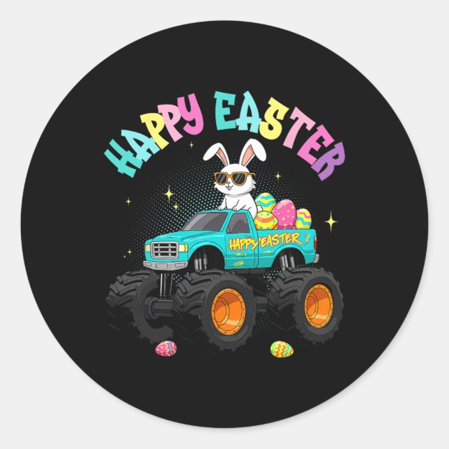 Cute Bunny Monster Truck Happy Easter For Kids Boy Runder Aufkleber (Vorderseite)
