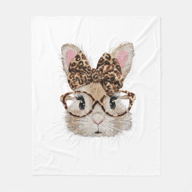 Cute Bunny Rabbit Face Leopard Coquette Bow Glasse Fleecedecke (Vorderseite)