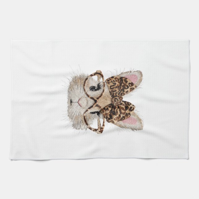 Cute Bunny Rabbit Face Leopard Coquette Bow Glasse Geschirrtuch (Horizontal)