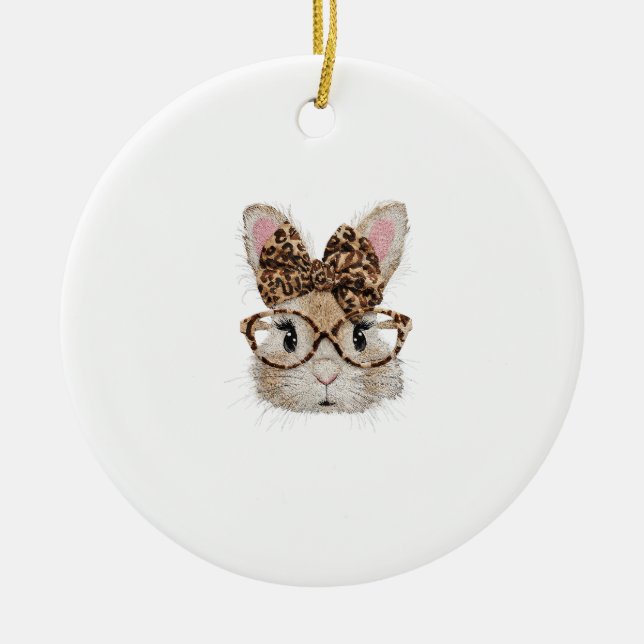 Cute Bunny Rabbit Face Leopard Coquette Bow Glasse Keramik Ornament (Vorne)