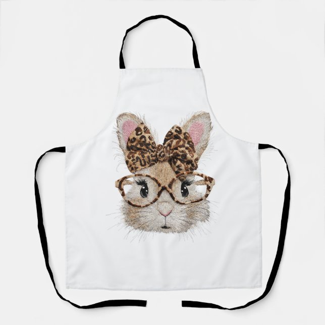 Cute Bunny Rabbit Face Leopard Coquette Bow Glasse Schürze (Vorderseite)