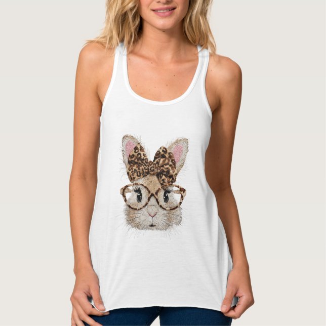 Cute Bunny Rabbit Face Leopard Coquette Bow Glasse Tank Top (Vorderseite)