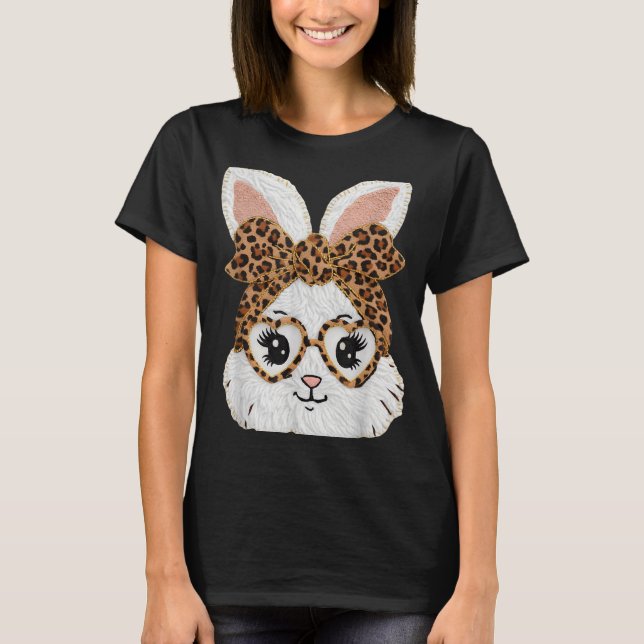 Cute Bunny Rabbit Face Leopard Gles Girl Happy Eas T-Shirt (Vorderseite)