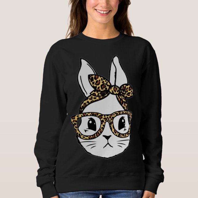 Cute Bunny Rabbit Face Messy Bun Leopard Glasses G Sweatshirt (Vorderseite)