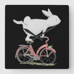 Cute Bunny Rabbit On Bike Cycling Bicycle Quadratische Wanduhr