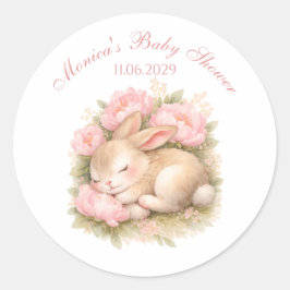Cute Bunny Rabbit Pink Blush Peony Baby Shower Runder Aufkleber