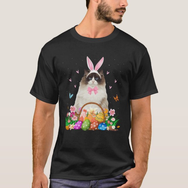 Cute Bunny Ragdoll Cat & Easter Egg Basket Easter  T-Shirt (Vorderseite)