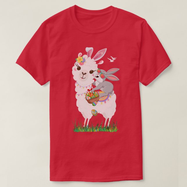 Cute Bunny Riding Llama Holding Egg Basket Happy E T-Shirt (Design vorne)