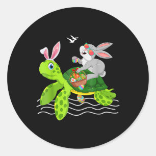 Cute Bunny Riding Turtle Holding Egg Basket Happy  Runder Aufkleber