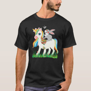 Cute Bunny Riding Unicorn Holding Egg Basket Easte T-Shirt