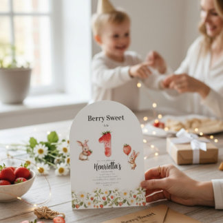 Cute Bunny Strawberry Theme First Birthday Einladung