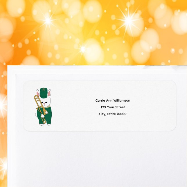Cute Bunny Trombone Green Personalize Return (An address label with a rabbit holding a trombone.)