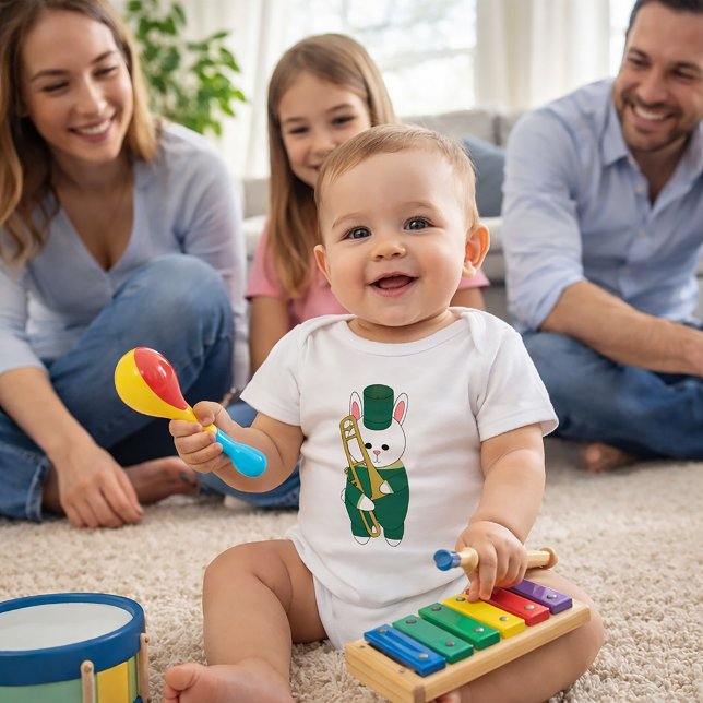 Cute Bunny Trombone Player Green Marching Band Baby Strampler (A baby body suit with a rabbit holding a trombone in a green & gold marching band uniform.)