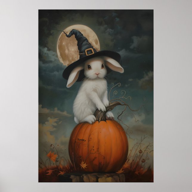 Cute Bunny Witch on Pumpkin Art Printable, Hallowe Poster (Vorne)