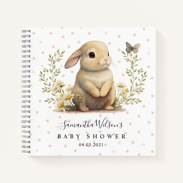 Cute Bunny with Butterfly Baby Shower Guest Book Notizbuch (Vorderseite)