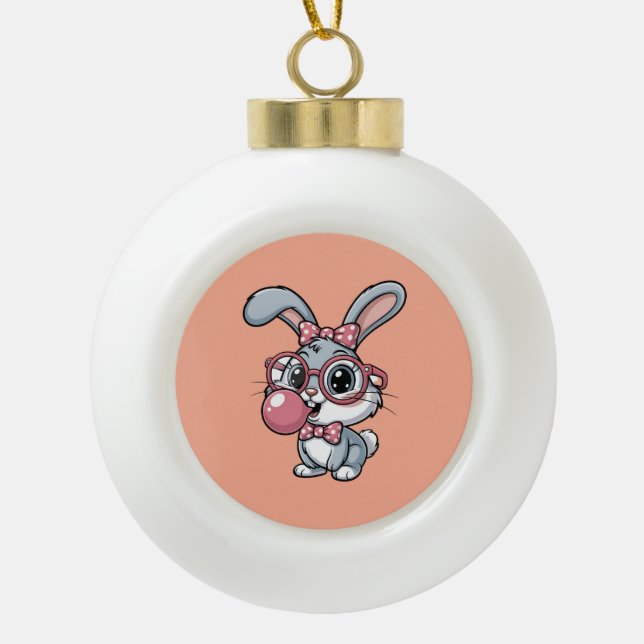 Cute Bunny with Glasses Blowing Bubble Gum Keramik Kugel-Ornament (Vorderseite)
