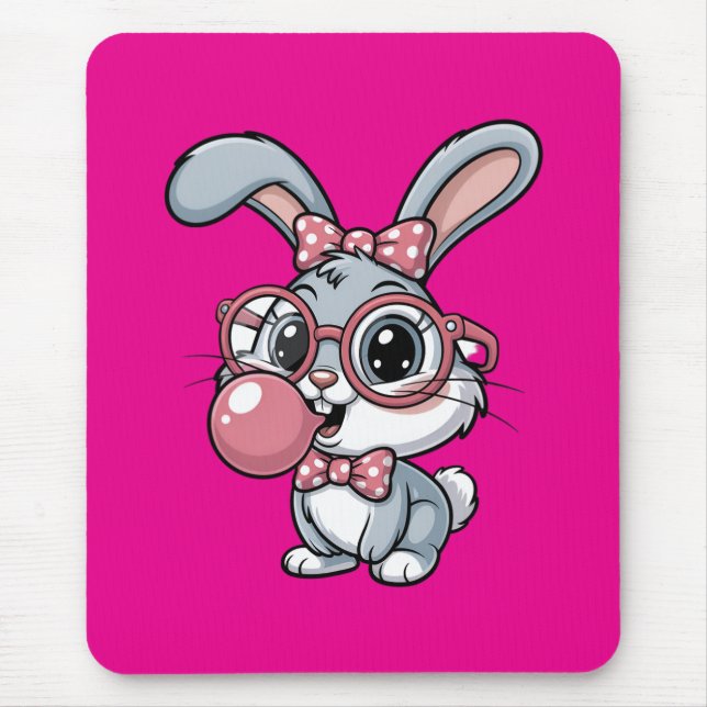 Cute Bunny with Glasses Blowing Bubble Gum Mousepad (Vorne)