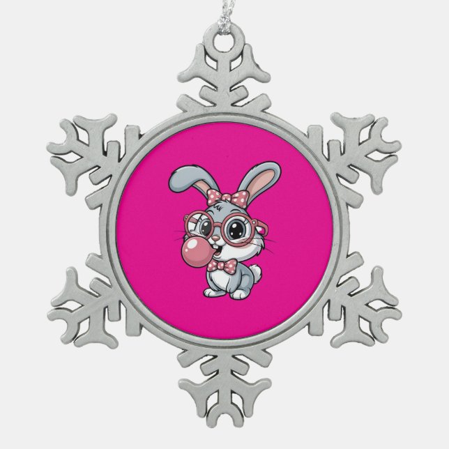 Cute Bunny with Glasses Blowing Bubble Gum Schneeflocken Zinn-Ornament (Vorderseite)