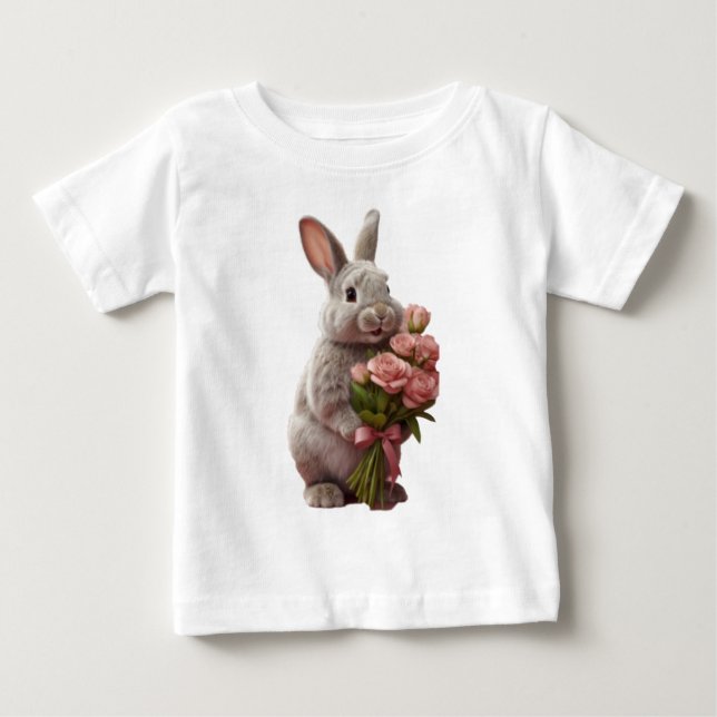  “Cute Bunny with Pink Roses” Adorable Art Design Baby T-shirt (Vorderseite)
