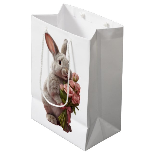  “Cute Bunny with Pink Roses” Adorable Art Design Mittlere Geschenktüte (Vorderseite Schrägansicht)