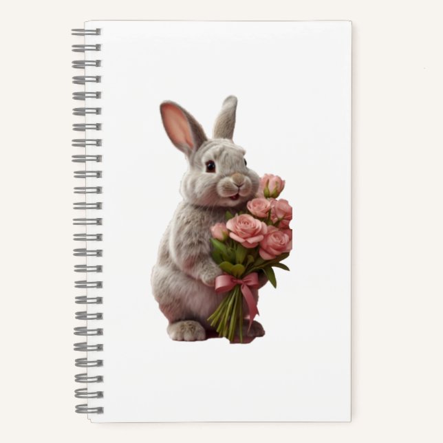  “Cute Bunny with Pink Roses” Adorable Art Design Notizbuch (Vorderseite)