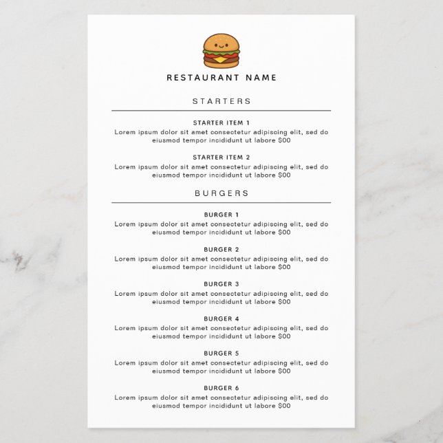 Cute Burger Restaurant Menü (Vorne)