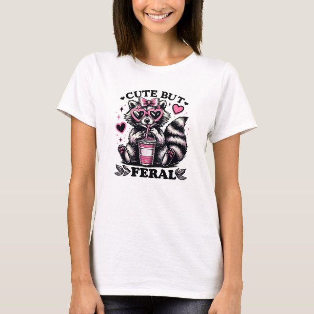 Cute but Feral Raccoon Pink Glasses T-Shirt (Vorderseite)