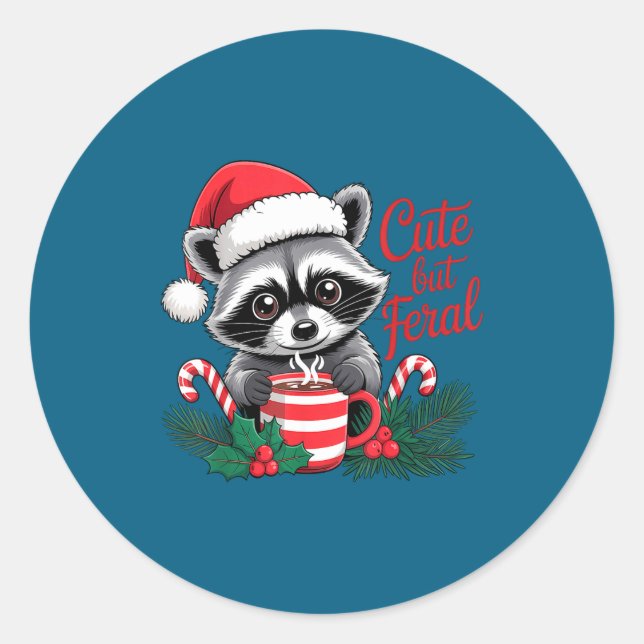 Cute But Feral Raccoon With Santa Hat Xmas Cute Ch Runder Aufkleber (Vorderseite)