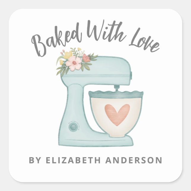Cute Cake Mixer Baked With Love Bakery Quadratischer Aufkleber (Vorderseite)