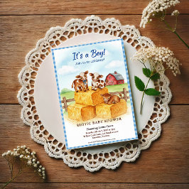 Cute Calf Baby Shower Gingham Hay Invitation Einladung