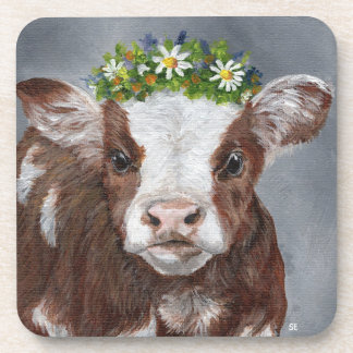 Cute Calf with Floral Crown Getränkeuntersetzer
