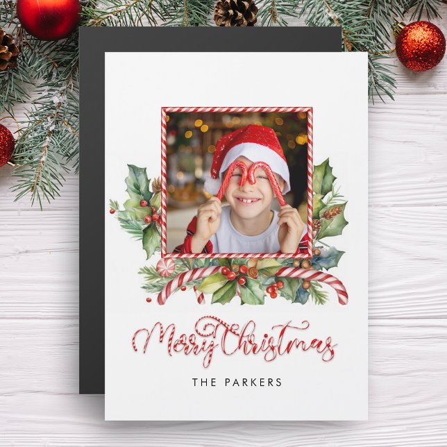 Cute Candy Cane Merry Christmas Floral Photo Magnetkarte (Von Creator hochgeladen)