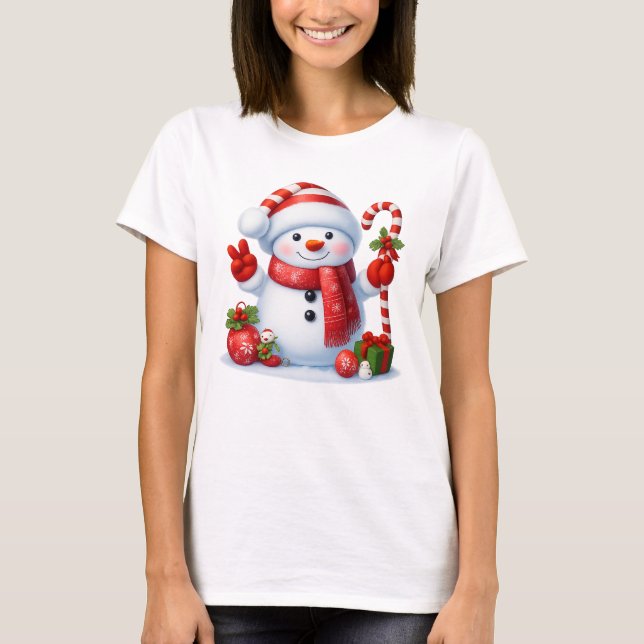 Cute Candy Cane Snowman Merry Christmas  T-Shirt (Vorderseite)